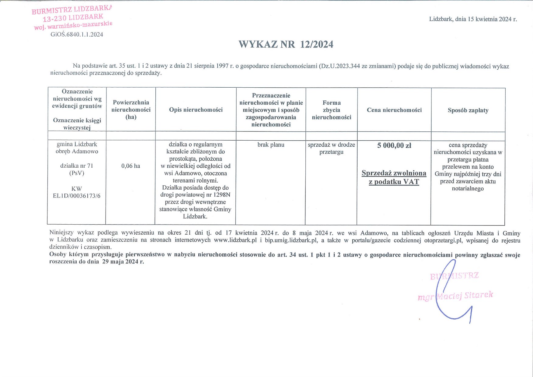 Wykaz Nr 12/2024 - Nieruchomości gruntowe do sprzedaży